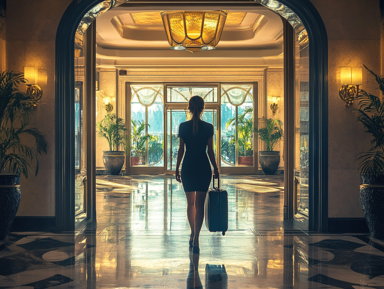 woman walking through a hotel foyer. March