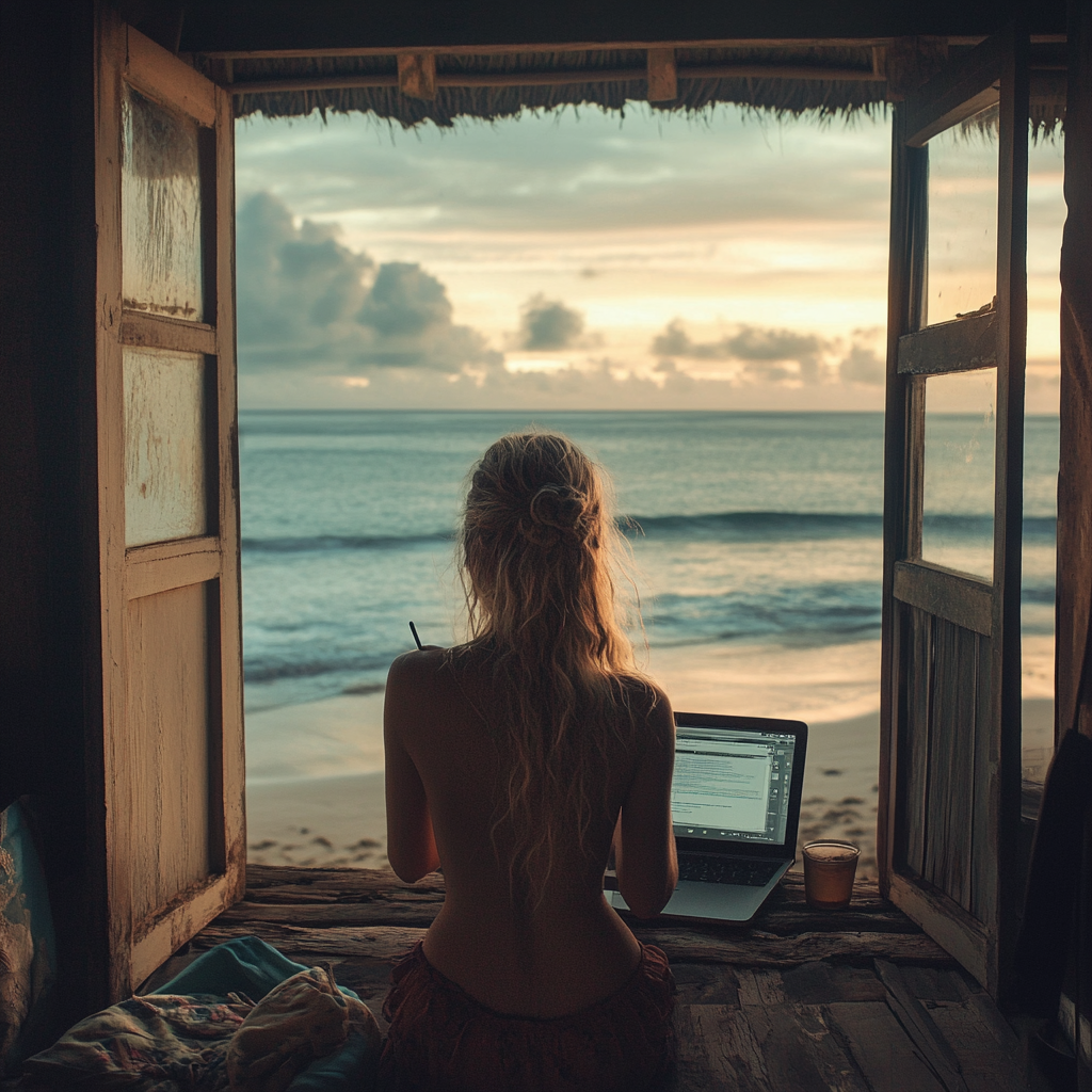 Woman on a laptop looking out of the window to the beach. April